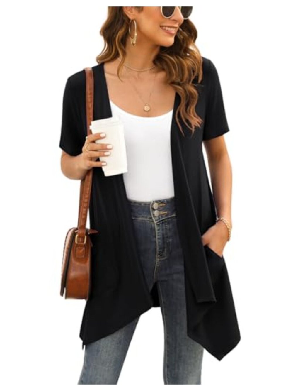Women's Short Sleeve Cardigan Open Front Drape Lightweight Summer Pocket High